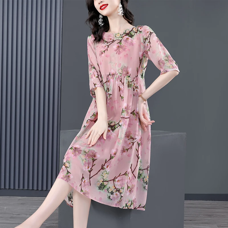 Women Pink Floral Mulberry Silk Midi Dress Summer New Elegant Loose Waist Plus Size Dress 2024 Korean Vintage Casual Party Dress