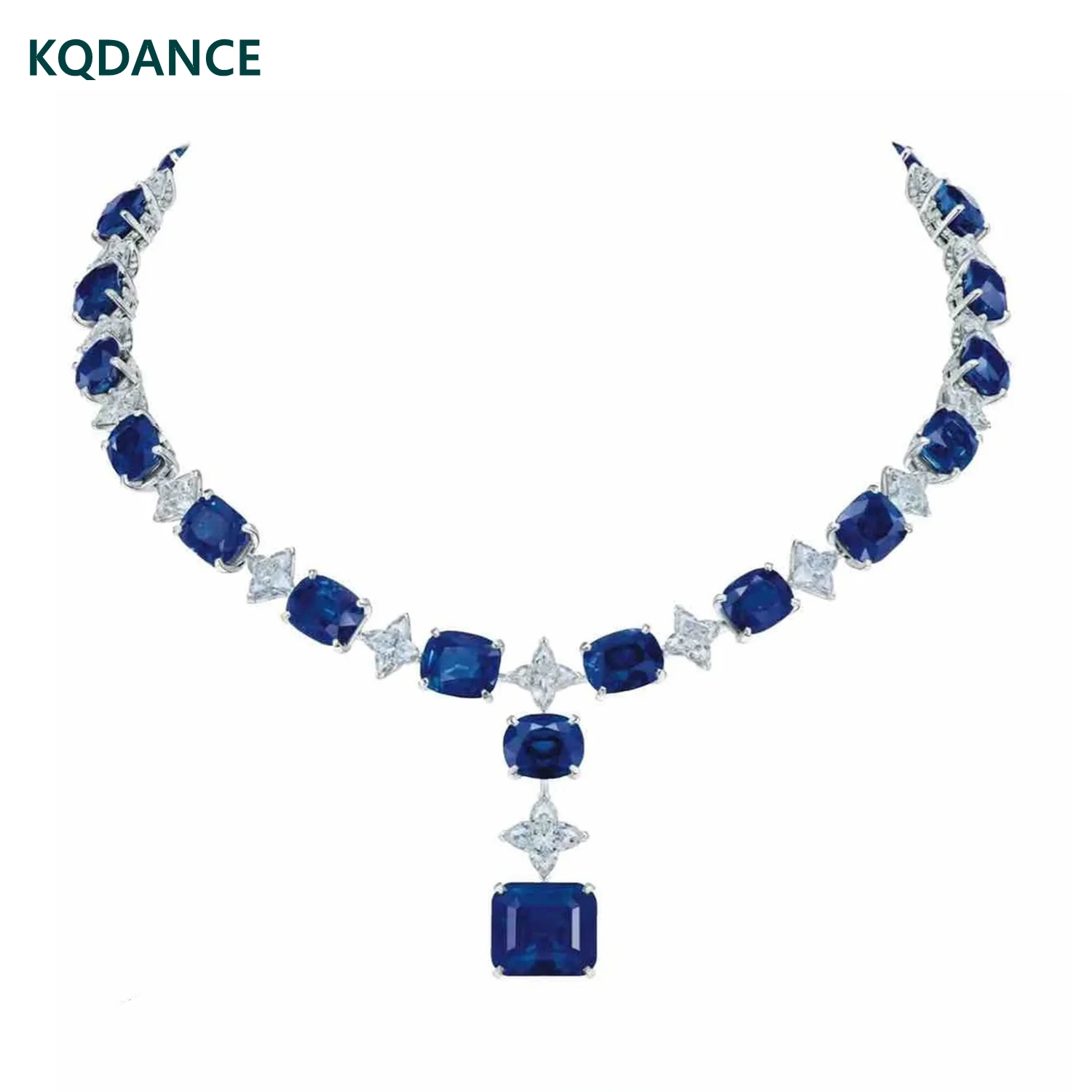 KQDANCE 925 Sterling Silver With Lab Created Blue Sapphire Gemstone High Carbon Diamond Tennis Necklaces Luxury Fine Jewelry