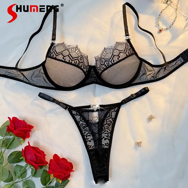 

Push Up Transparent Bust Minimizer Bra Set Pure Desire Sexy Lingerie for Women Ultra Thin Cup Brief Suit with Underwire Female