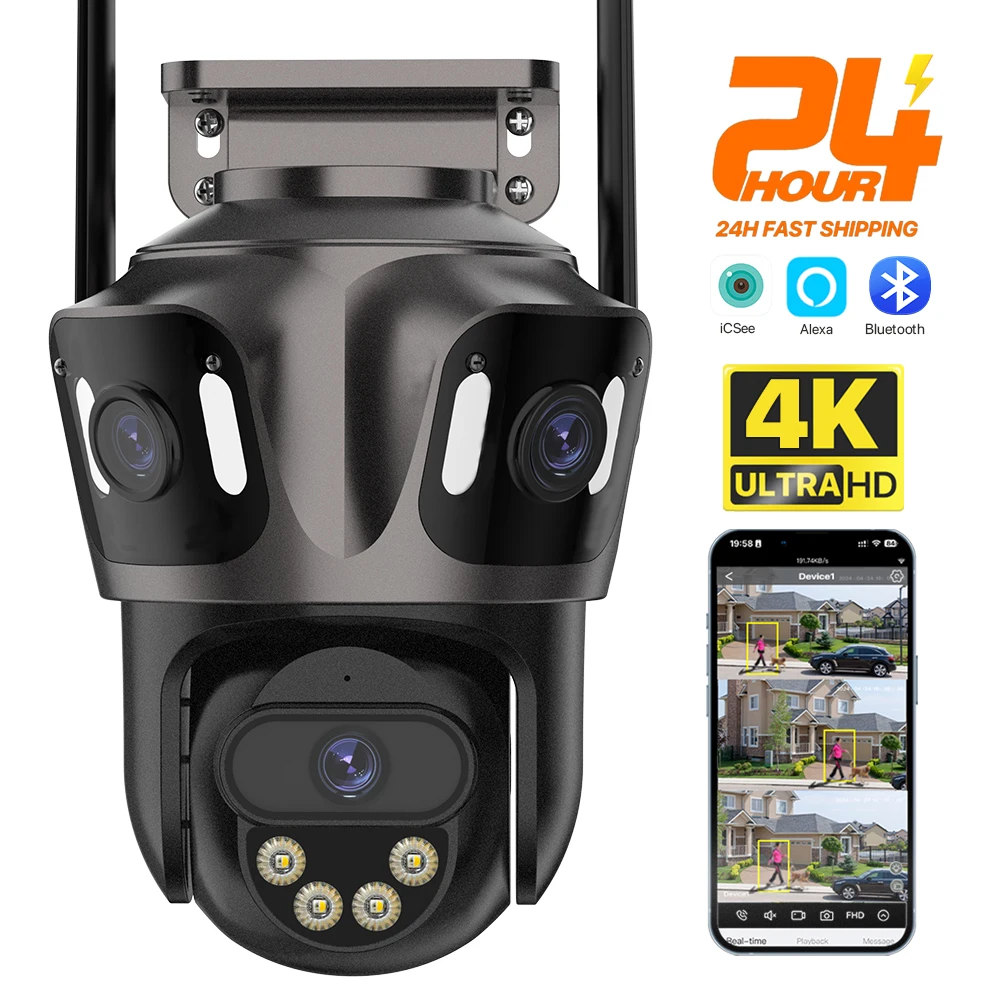 Trójekranowa kamera IP WIFI Zewnętrzna kamera PTZ z podwójnym obiektywem 4K Ai Wykrywanie ludzi IP66 Wodoodporna kamera bezpieczeństwa CCTV iCsee