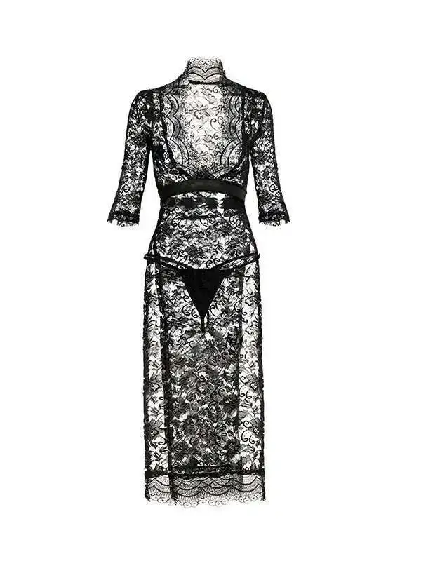 Sexy schiere Spitze Cheongsam, figurbetont, reines Verlangen, einheitliches Kleid, eleganter V-Ausschnitt, modische Damen-Mesh-Spitzenkleider, 2025, neu, GSO8