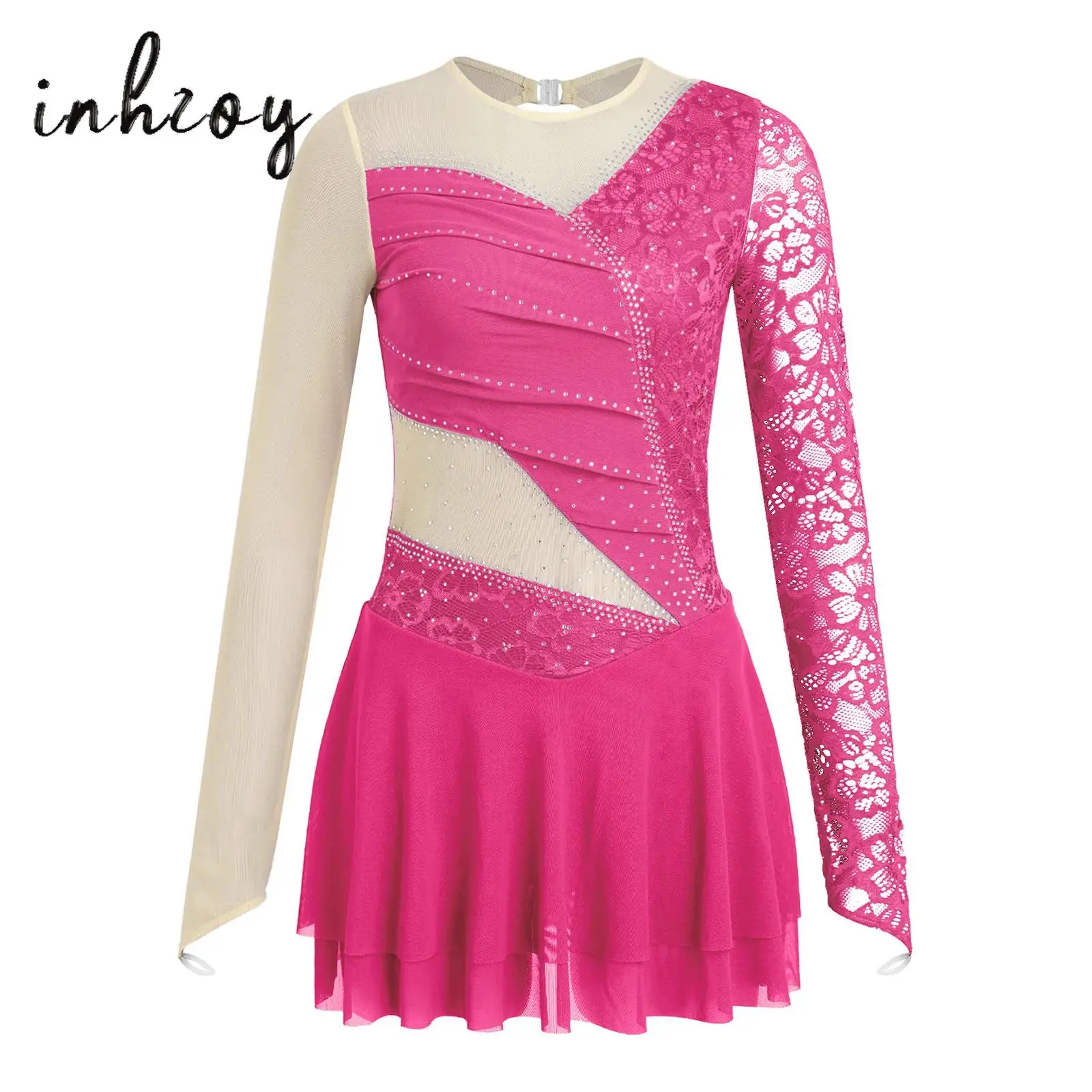 

Women's Figure Ice Skating Dress Sparkly Gymnastics Dance Jersey Ballet Tutu Leotard Adults Long Sleeve Dance Costume Dancewear