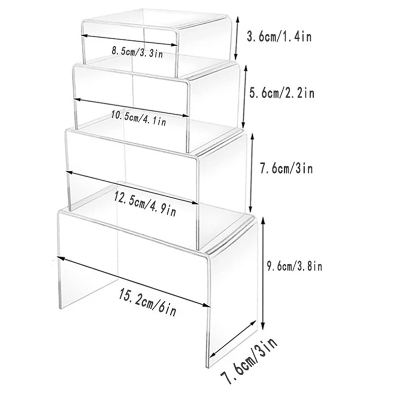 8 peças 2 conjuntos de risers acrílicos pequenos, suporte de exibição acrílico transparente grosso, vitrine de mesa retangular colecionável