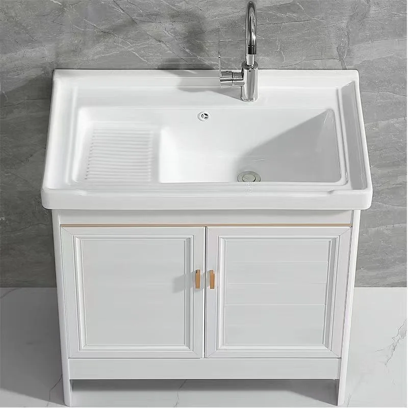 Bathroom Balcony Ceramic Laundry Basin with Rub Board Sink Space Aluminum White Floor-to-ceiling Bathroom Cabinet