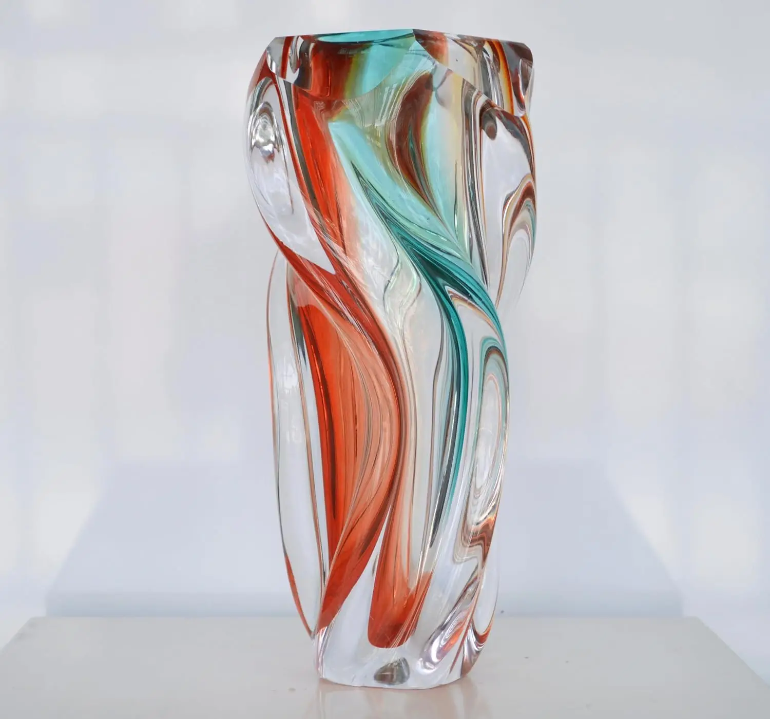 Hand Blown Twisted Multicolor Art Glass Vase, 11.5