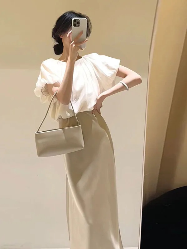 

White V-Neck Bubble Sleeve Shirt And Champagne Long Skirt Women's Fashion Set Summer 2025 Korean Style Short Sleeve round Neck