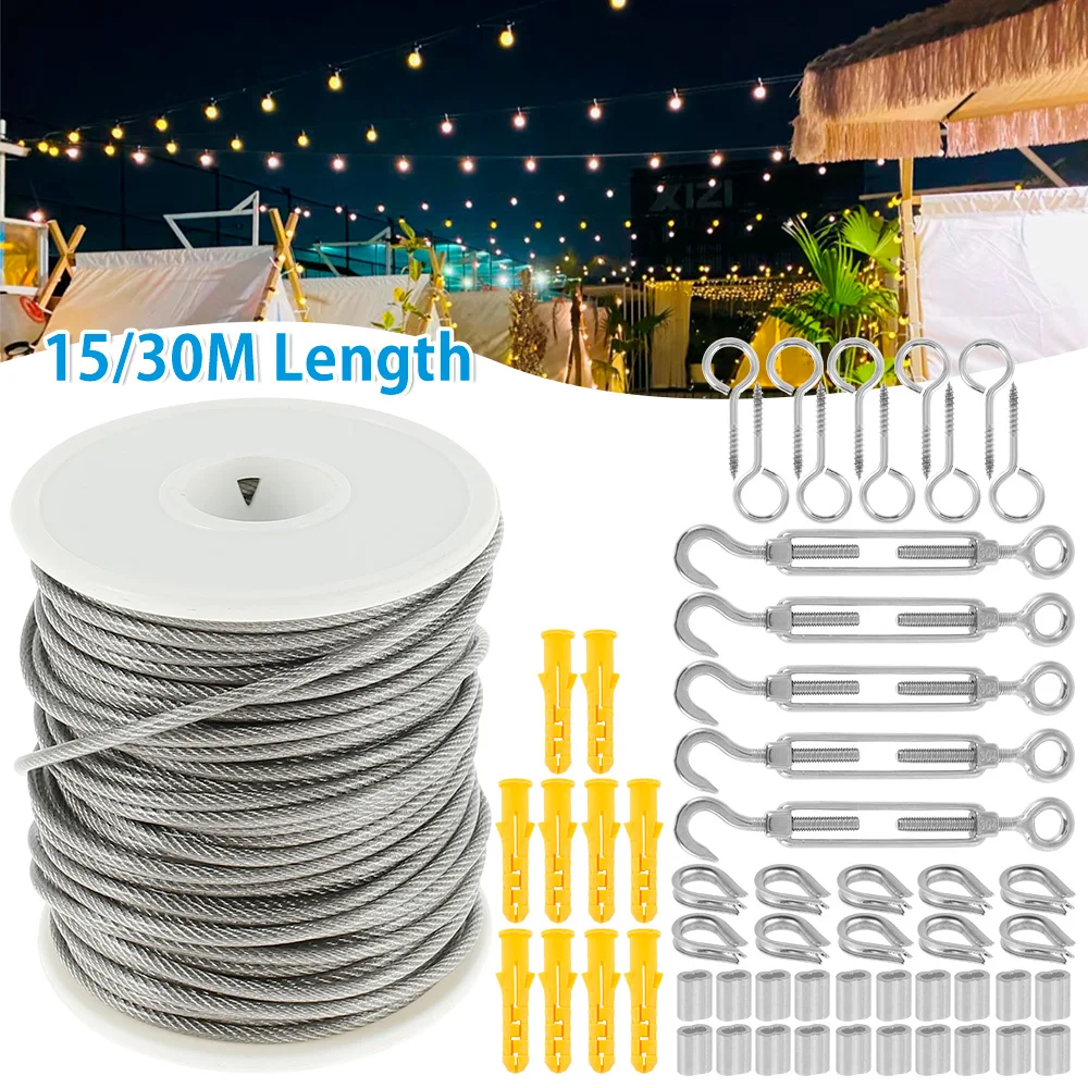 15M/30M Wire Cable Rope Stainless Steel Heavy Duty Wire Cable Garden Railing Wire Fence Roll Kits for Outdoor Tent Cleaning Rope 