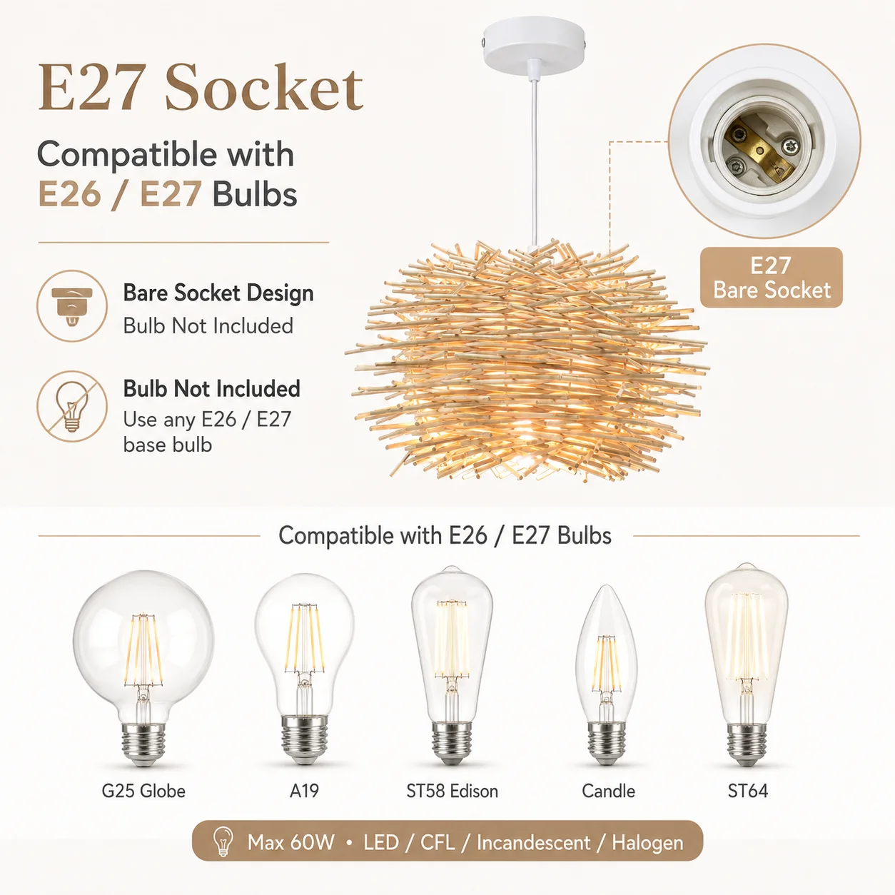 JOYINLED 30cm Chandelier Rattan Pendant Light, Handwoven Hanging Ceiling Lamp with E26/E27 Socket, White Cord, Bulb Not Included