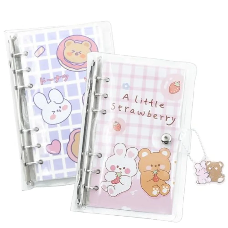 

2 Pcs Binder Notebook, Rabbit Bear 6 Round Ring Loose Leaf Binder Small Diary Journal Planning Pocket Notebook with Transparent