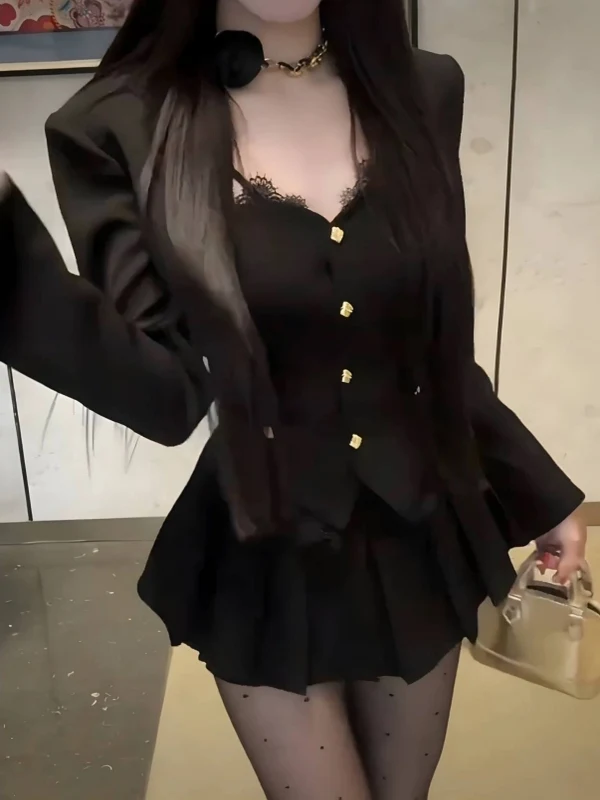 Black Lace Blouse And Skirt Set Women's Autumn High Waist Button up Long Sleeve V Neck French Style Fashion Three Piece Suit