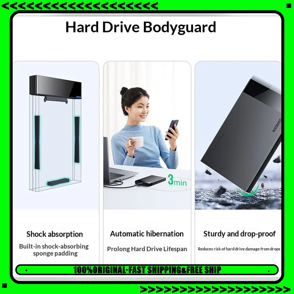 UGREEN US221 60734 2.5 Inch SATA to USB 3.0 External Hard Drive Enclosure with USB A USB C 2 in 1 Cable