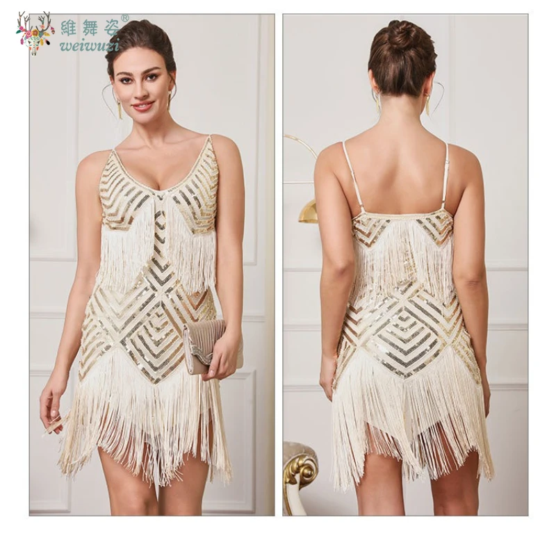 ملهى ليلي ريترو مثير المنخفضة قطع العميق الخامس الرقبة الحمالة الترتر شرابة فستان عاطفي وغير المقيد كوكتيل حفلة ثوب مسائي