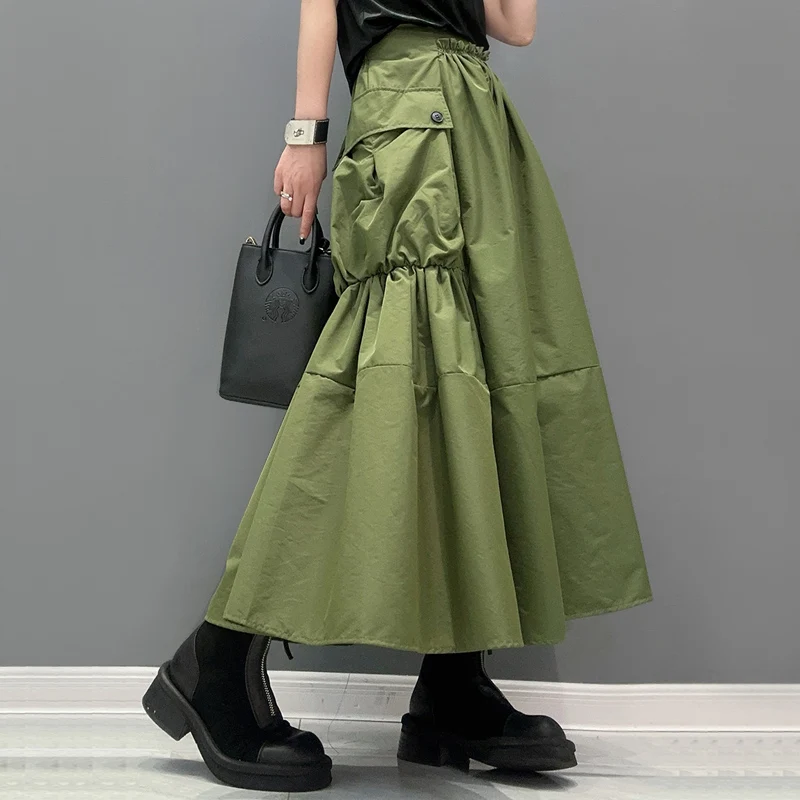 الصلبة الأخضر الأسود مرونة الخصر ألف خط فضفاضة تناسب امرأة تنورة طويلة جيوب كبيرة الكورية نمط لباس غير رسمي مطوي تنورة JJSK044 #2