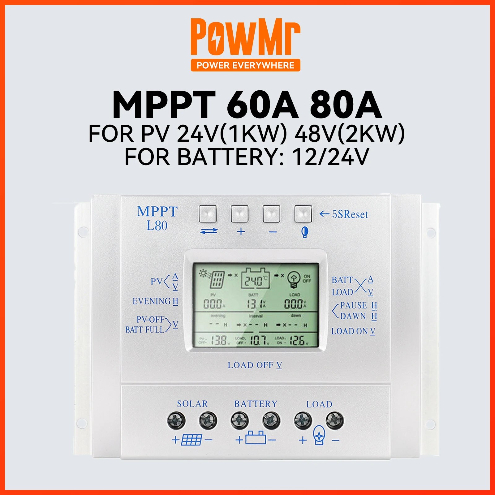 PowMr Solar Controller MPPT 60A 80A 12V 24V Solar Regulator for Panel Lead-Acid Lithium Battery Charger