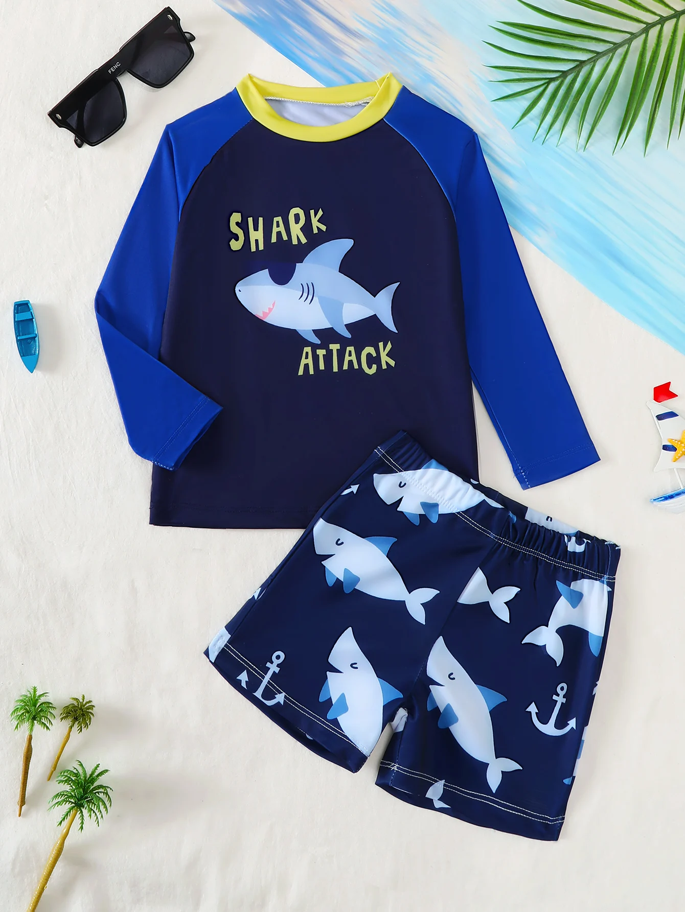 Infant Boys Long Sleeve Color Block Shark Print Swimming Suit Set Baby Boy's Swimwear with Unique Design