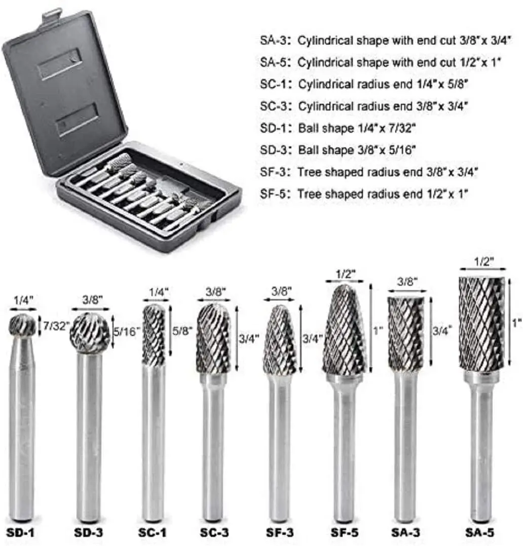 

8Pcs Tungsten Carbide Burrs Rotary Burr Set Head 1/4'' Shank Die Grinder Bit