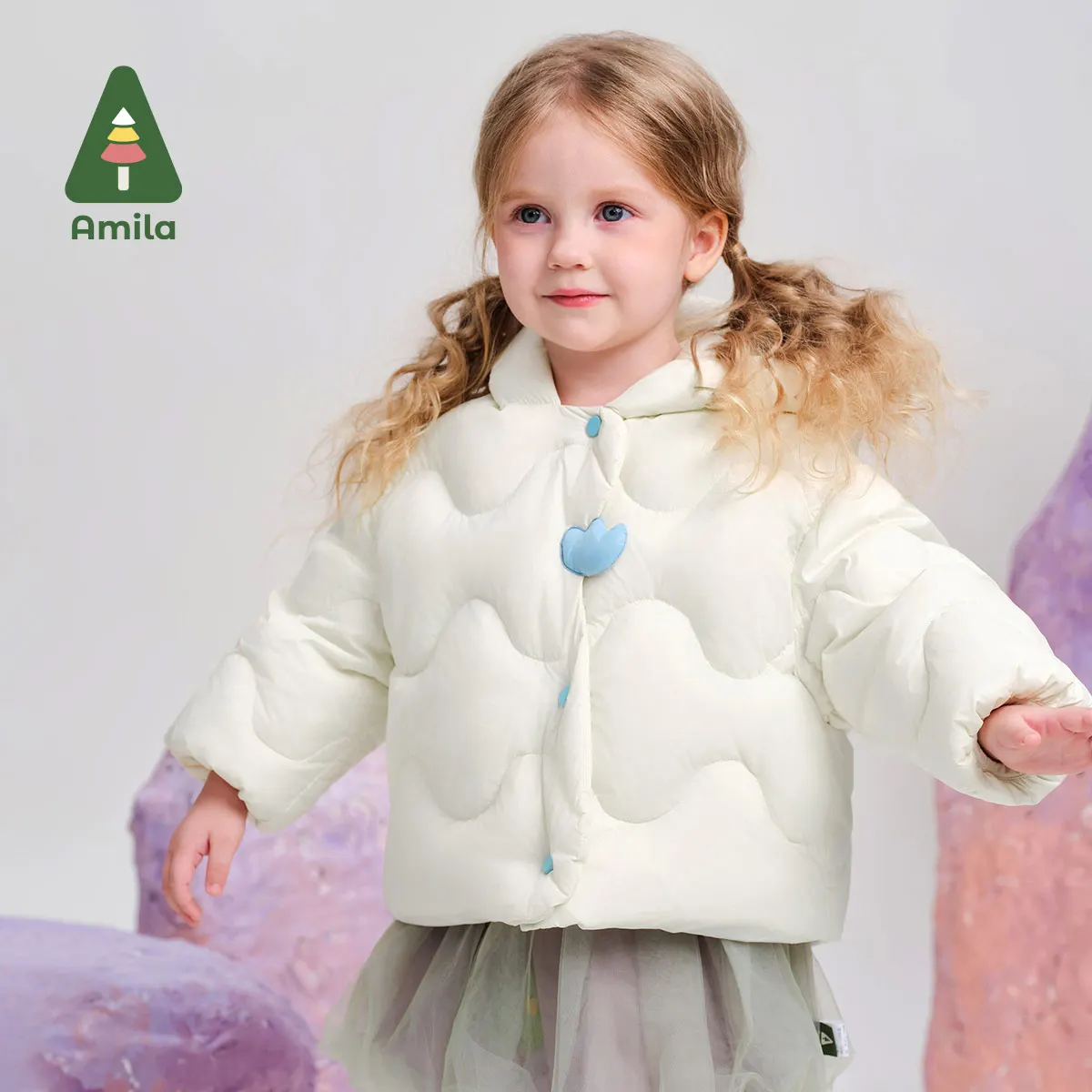 Amila Baby Down Jacket 2024 Winter New Girls White Duck Down Pure Color Sweet Warm Hooded Soft Casual Loose Children‘s Jacket