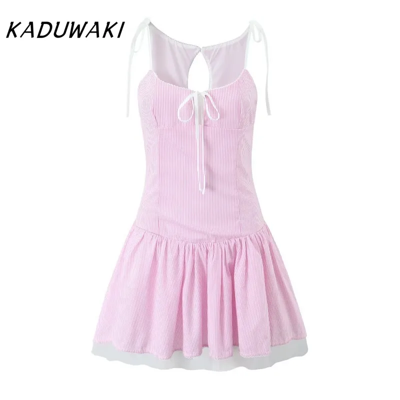 KADUWAKI Sexy Backless Women Mesh Patchwork Pink Striped Sling Dresses Sexy O Neck A-line Mini Dress Spring Summer Holiday Robe