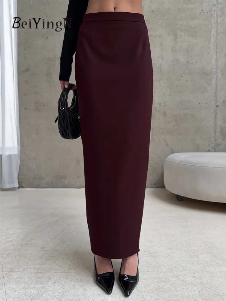 Beiyingni High Street Elegante Dünne Maxi Rock Frauen Einfarbig Casual Französisch Pendeln Braun Büro Damen Lange Röcke Faldas