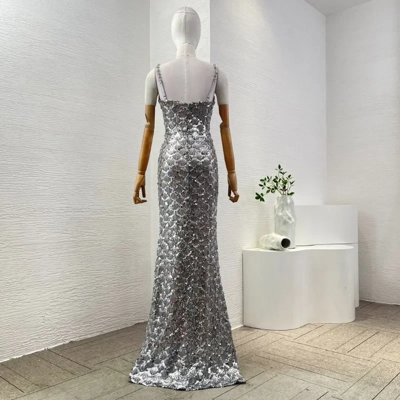 Robe maxi sans bretelles à paillettes pour femmes, longueur au sol en fibre argentée, découpée, sexy, fête, nouvelle mode, 2024