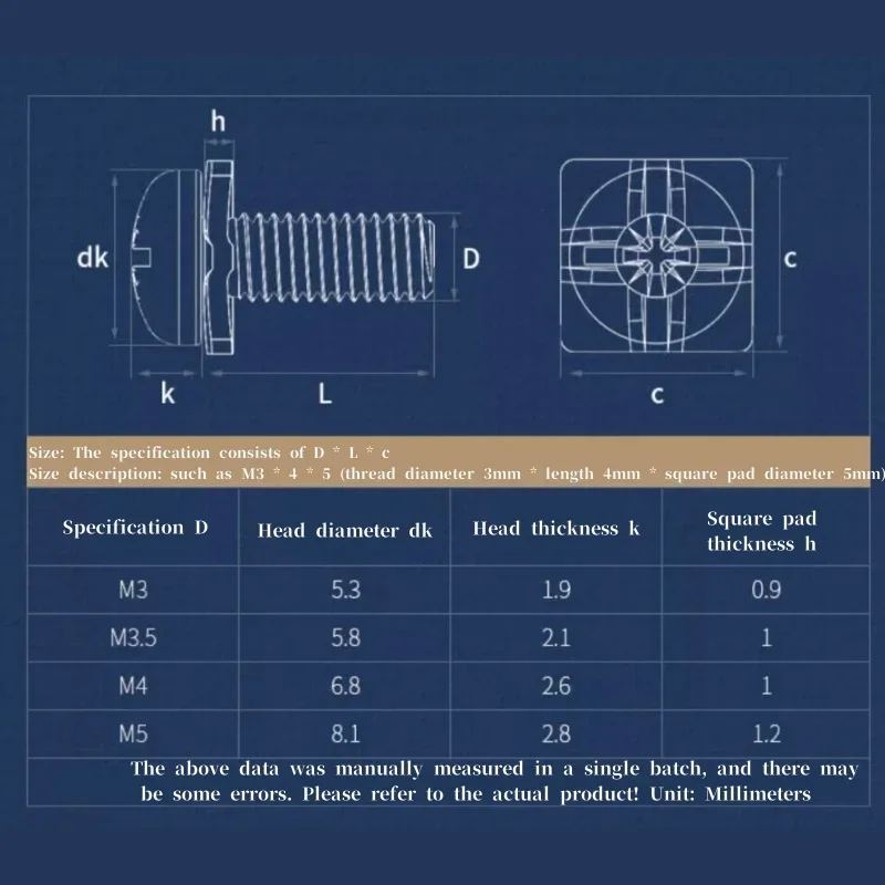M3~M5 Pan Head Square Washer Screw Nickel Plated Cross Pan Head Square Washer Bolt Combination Wiring Terminal Crimping Screw