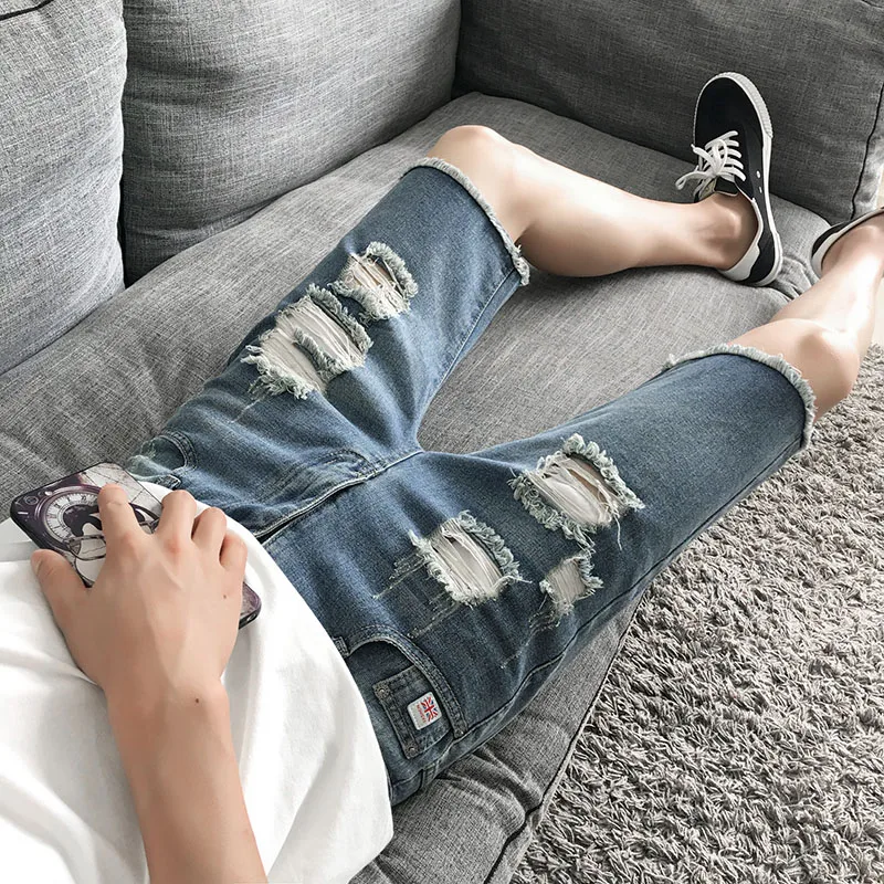 

Summer Men's Lightweight Denim Shorts Featuring Ripped Design Korean Style Trendy Loose Fit Distressed Mid-length Youth Wear