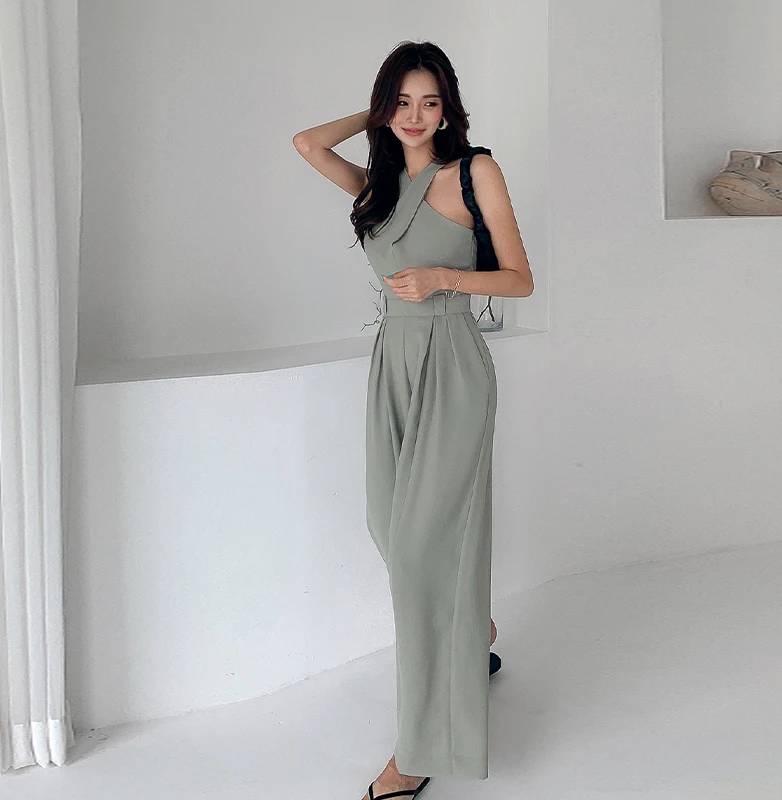 2024 Korean Fashion Edition New Spring Summer Slim Fit Cross Collar Sleeveless Waist Wrapped Slim Long Pants Straight Jumpsuit