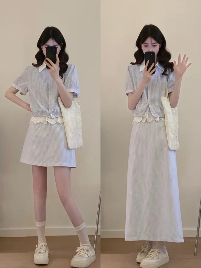 

plus Size Women's Sweet Striped PLOLO Shirt Bubble Sleeve High Waist Skirt Two-Piece Set Summer Fashion Korean Style Slim Fit