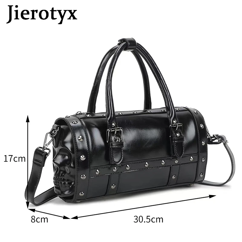 JIEROTYX Black Studded Double Skull Satchel Handbag Womens Shoulder Bags Personality Rivet Single Strap Travel Bag Gothic Style