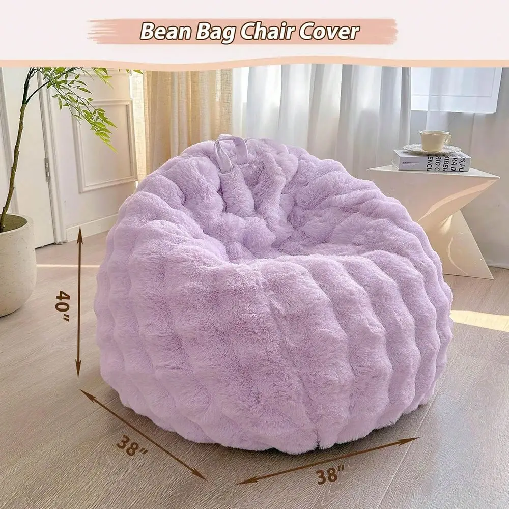 Faux Rabbit Fur Bean Bag Cover For Kids Adults Soft Fuzzy Stuffed Animal Storage Comfy Shaggy Bubble Waffle Design No Filler In