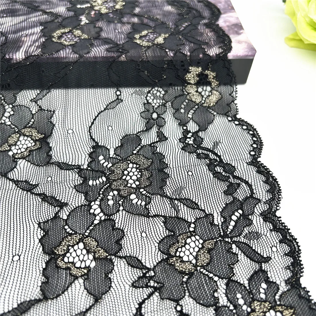 3y/lot Width 23cm Black Golden Elastic Stretch Lace Trim Lingerie Sewing Craft DIY Apparel Fabric Lace Dress Garment Accessory