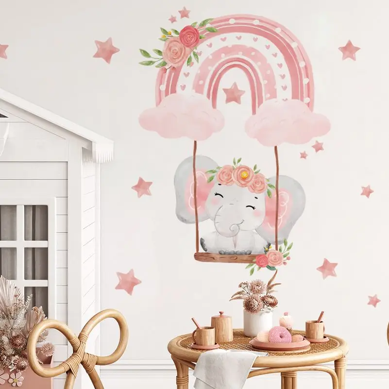 

Pink Cute Baby Elephant on Floral Cloud Swing Watercolor Wall Sticker for Kids Room Baby Girl Nursery Decals Bedroom Home Decor