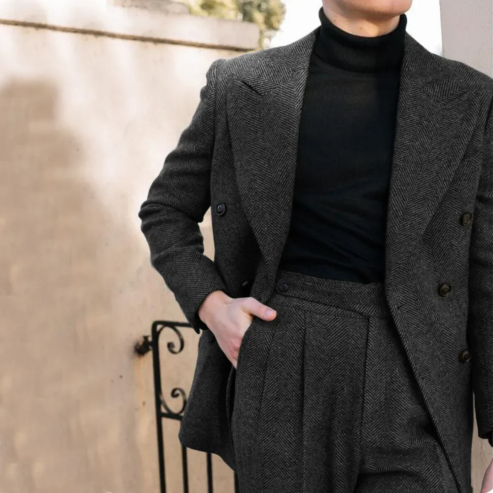 

Fashion Herringbone Suits for Men 2 Piece Chic Peak Lapel Double Breasted Male Suit Slim Smart Casual Wedding Groom Tuxedo 2025