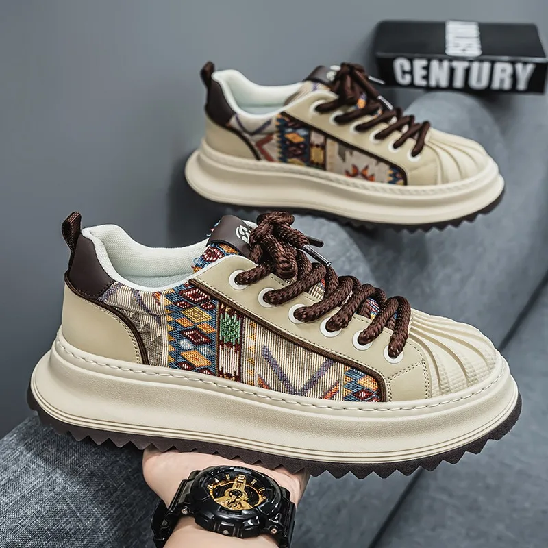 

New Mens Vintage Vulcanized Shoes Ethnic Style Leather Patchwork Platform Sneakers Fashion Non-slip Damping Running Sports Shoes