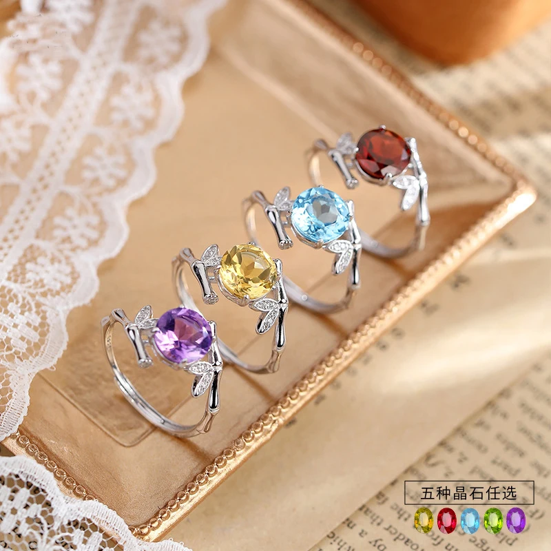 Real Authentic 925 Sterling Silver Elegant Resizable Size Ring for Women Girl Natural Topaz Citrine Garnet Amethyst