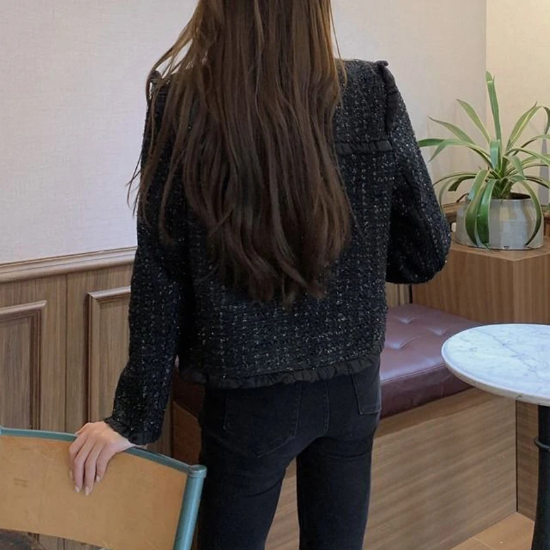 Women Vintage Elegant Luxury Ruffle Black Tweed Jacket Spring Autumn Korean Fashion Female Long Sleeve Chic Short Outerwear Coat