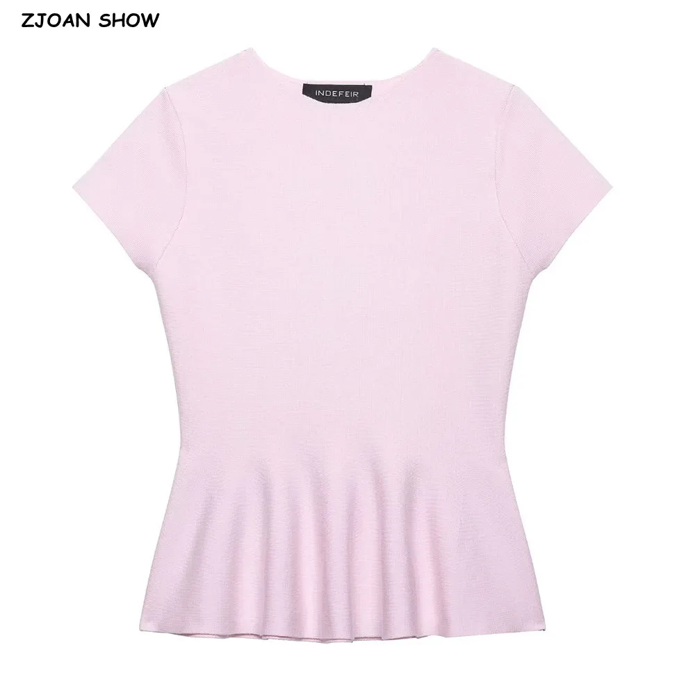 CHIC Women Pink Collarless O neck Knitted Short Sleeve Sweater Pullovers Knitwear All Match Swing Hem Knitting Tops Jumper