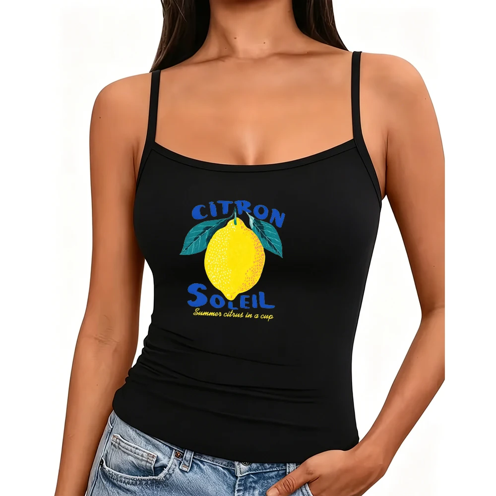 Lemon Summer Fruit Cami Tops Set Black White Graphic Sleepwear Club Wear Streetwear Beach Holiday Vest Shirt