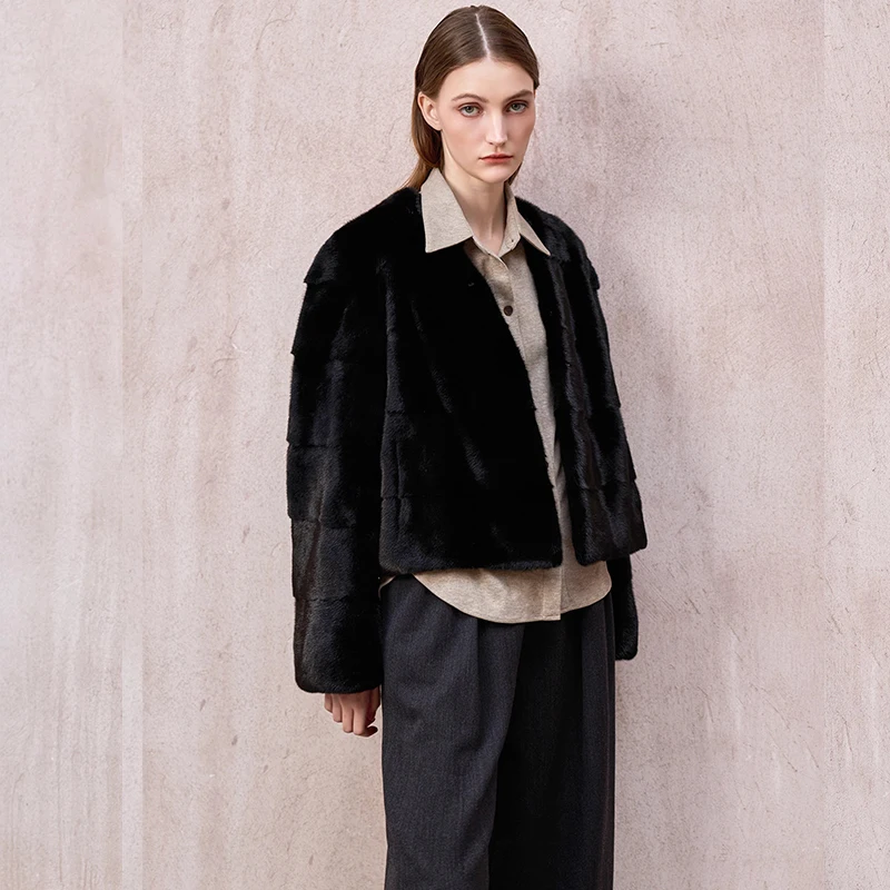 Ftangaiur 겨울 수입 백조 벨벳 밍크 퍼 코트 V넥 심플 스타일 솔리드 밍크 코트 여성용 짧은 천연 리얼 밍크 퍼 코트