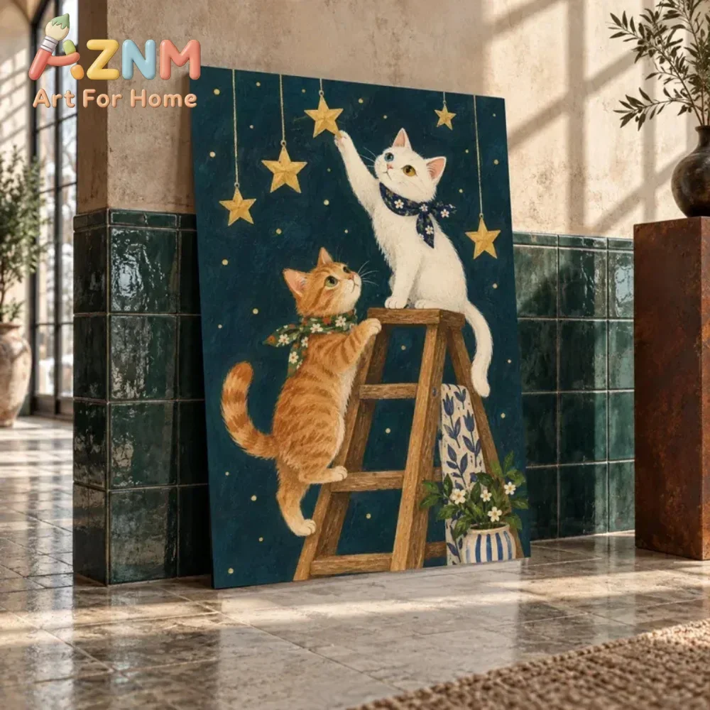 AZNM Cute Cats Reach Stars Canvas Wall Art Cartoon Kitten Ladder Star Night Art Print Unframed Canvas Poster for Bedroom Living