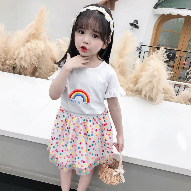 Baby Girl Clothes Set Rainbow T-shirt+Tulle Skirt 2Pcs Suit Kid Outfit Children Clothing Summer Toddler Girl Two-Piece A866