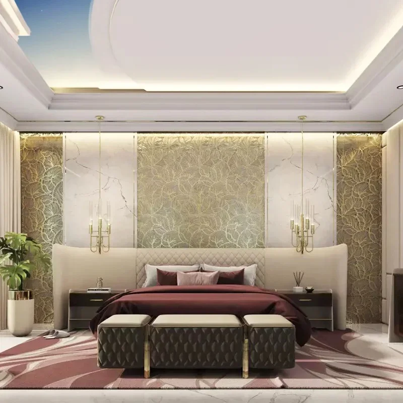 Velvet fabric, large headboard, king bed luxury bedroom furniture set, double sleeper bed