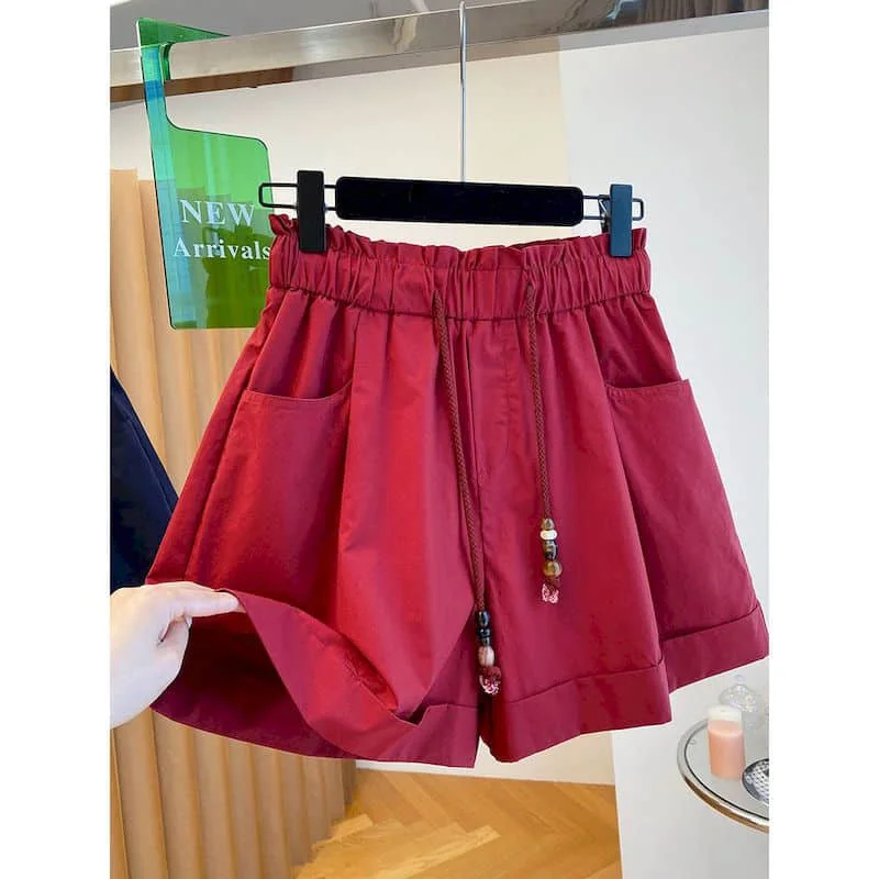 Solid Shorts Women 2026 Summer Korean Style Loose Vintage A-linen Elastic Waist Wide Leg Pants Casual Streetwear Women Clothing
