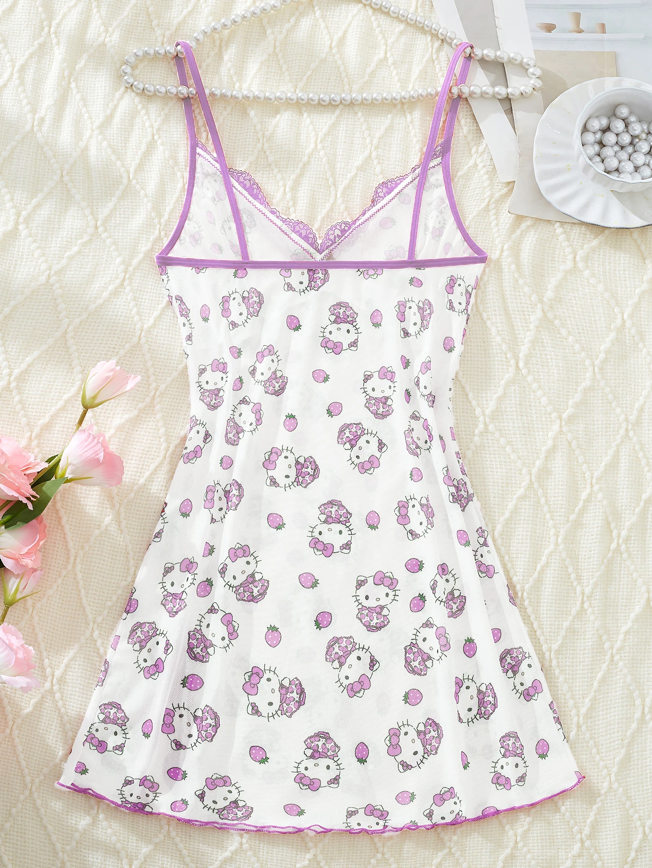 Sanrio Hello Kitty Nightdress For Women V-Neck Contrast Lace Side Slit Purple Cute Digital Printing Suspender Lingerie Dress Lin - view 5