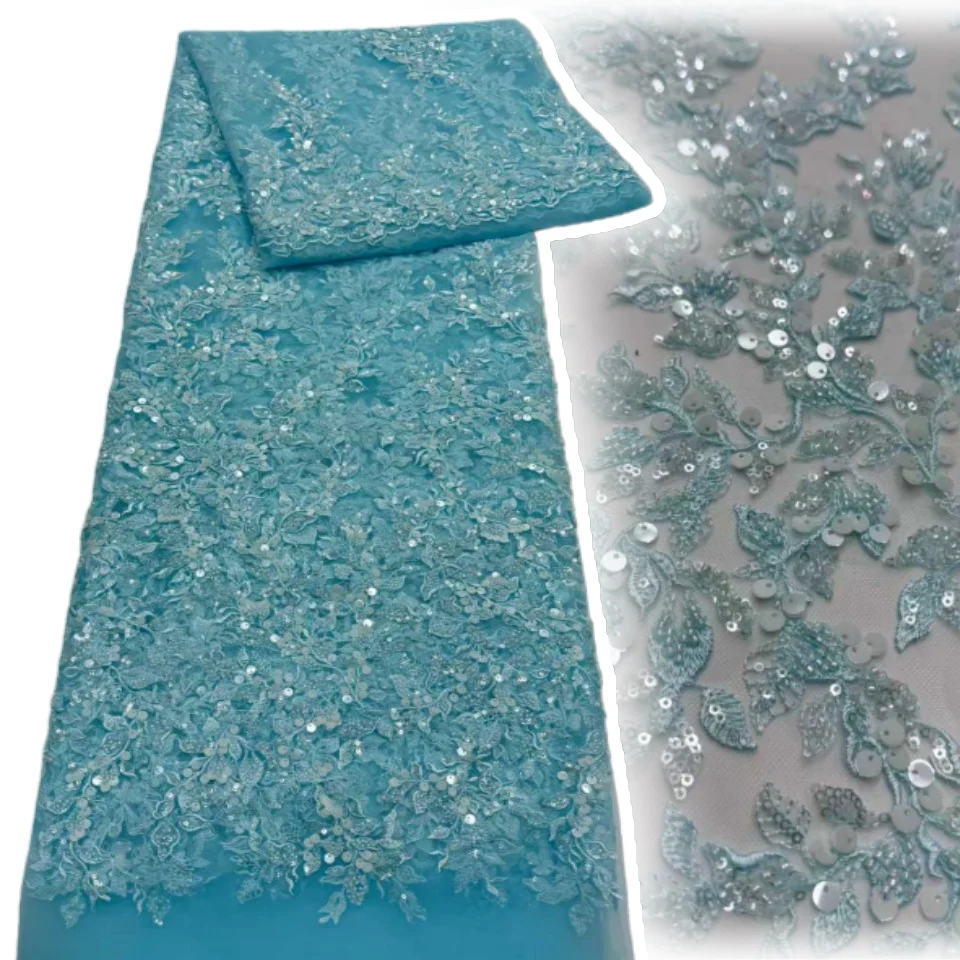 Tessuto di pizzo africano con paillettes all'ingrosso Ricamo francese di alta qualità di lusso con perline pesanti da sposa in pizzo da sposa 5 metri CC1742