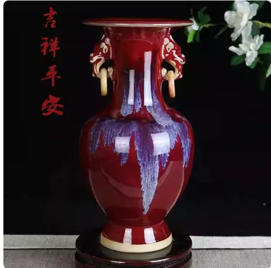 Rare Jun porcelain chicken blood red glaze double-eared bottle, collection decoration.