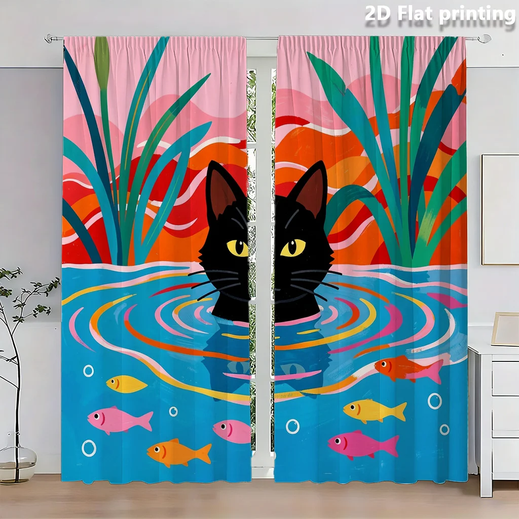 Colorful Black Cat Swimming Curtains, Abstract Fish Print Drapes for Living Room, Artistic Pet Window Treatment Home Decor
