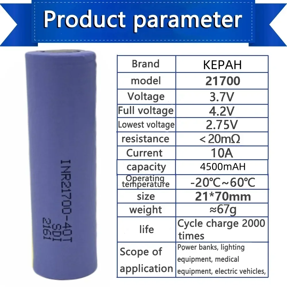 100% baru 21700 4500mah 40T 3.7V catu daya tinggi/kapasitas baterai isi ulang Li-ion 30T daya keluaran tinggi li-ion + DIY Nicke