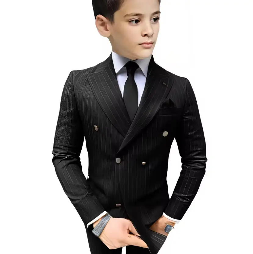 بدلة للأولاد مخططة مكونة من قطعتين سترة وسراويل مخصصة مزدوجة الصدر بدلة رسمية لحفلات الزفاف للأطفال