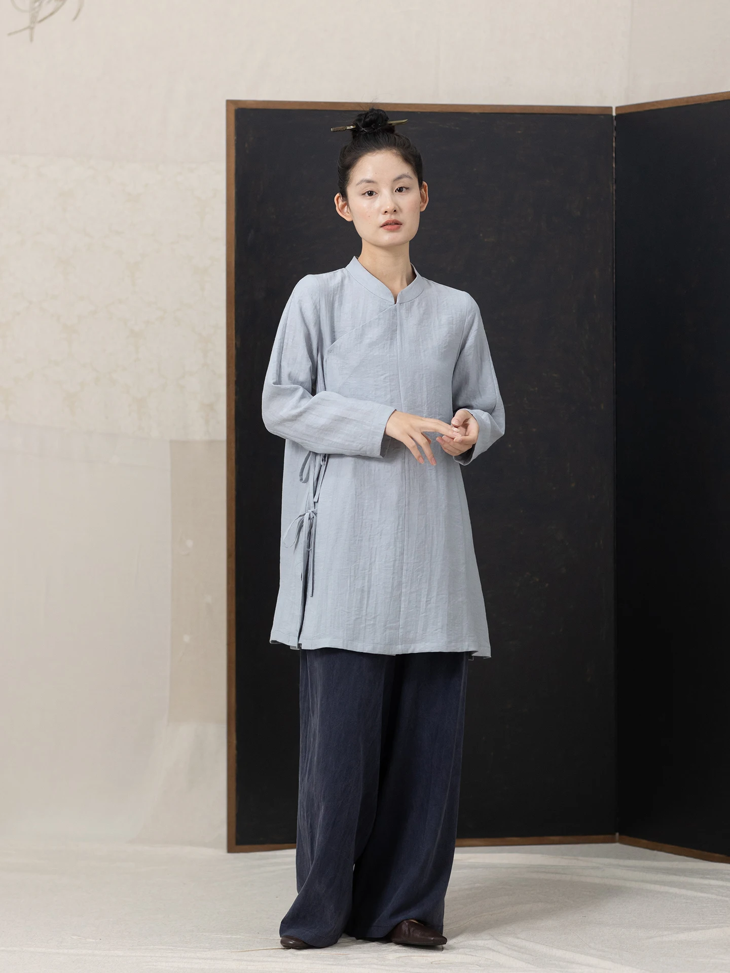 

Eastern Beauty Pure Color Shirt with Belt And Slanting Sleeve Traditional Chinese Style Loose Fit Commute Zen Spirit Women's ...